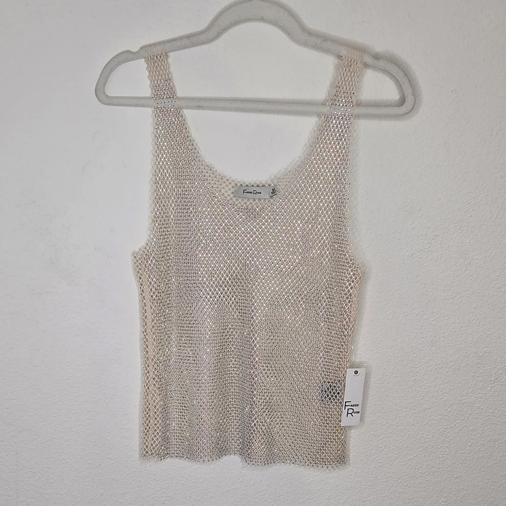 Faded Rose Mesh And Rhinestone Cream Tank Top - Size Medium - Picture 1 of 16
